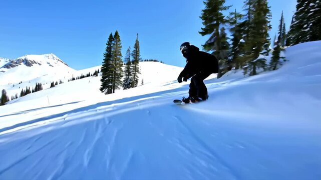 Functional wear Thumbnail Cinematic fpv Gradient descent Ai video generator Eco friendly gloves Submagic Wyld snowit Munch Snowboarder snowboarding downhill on snowy mountain slope among pine trees s