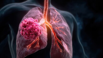 Detailed illustration showing lung cancer affecting human lungs in a medical and educational context