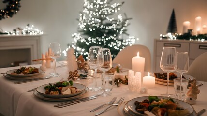 Elegant festive dinner table setting with delicious food, sparkling glasses, and warm candlelight, perfect for a cozy holiday celebration or special occasion