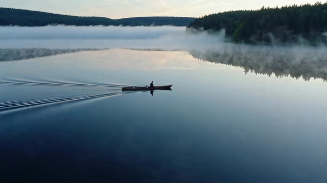 Boat moving on calm lake water with forest and fog in background person steering