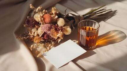 Cozy morning scene with a bouquet of dried florals, a glass of tea, and a blank card mockup on a draped fabric