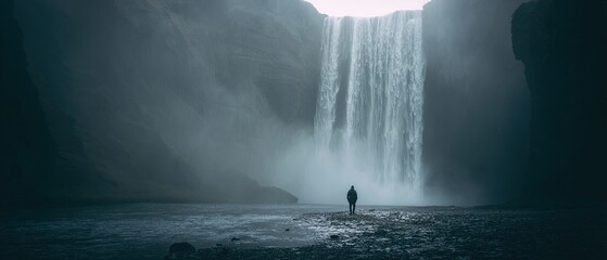 Majestic waterfall in a misty landscape. A solitary figure stands at the base of a powerful cascade