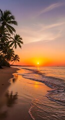 Tropical Beach Sunset - Palm Trees Silhouetted Against a Vibrant Sky.