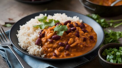 A Hearty Bowl of Kidney Bean Curry Served with Rice and Cilantro