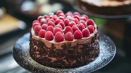Delicious chocolate cake topped with fresh, vibrant raspberries and delicate chocolate shavings, lightly dusted with powdered sugar, an irresistible dessert