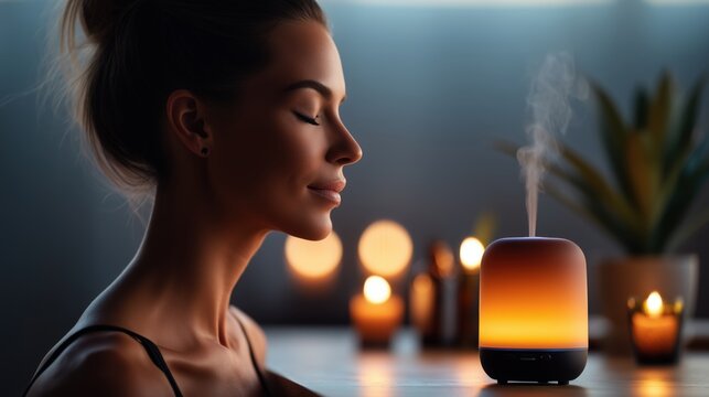 Woman enjoying relaxation with essential oil diffuser and candles