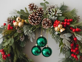 Elegant Holiday Wreath Featuring Lush Greenery, Rustic Pinecones, Bright Red Berries, and Gleaming Baubles for Seasonal Cheer and Festive Home Decor