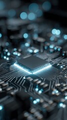 Fototapeta na wymiar Circuit board with glowing lights showcases advanced technology in close-up view