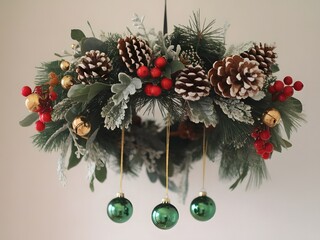 Festive Christmas Swag Decoration with Pinecones, Holly Berries, and Green Baubles