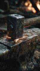 Heavy hammer striking an anvil in a blacksmith workshop during a bright day