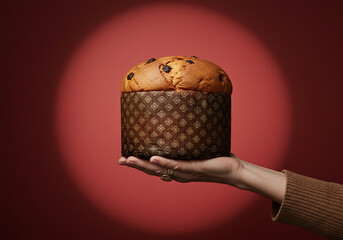 Enjoy delicious fresh baked Panettone sweet bread, perfect for holiday celebrations and festive moments, held lovingly in a woman's hand