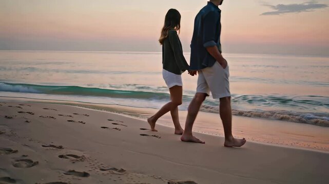 Couple walking and holding hands on the beach at sunset with waves and sandy shore visible romantic outdoor scene with ocean view and natural peaceful environment people enjoying seaside leisure ac