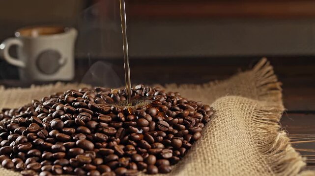 Hot water pouring on coffee beans on burlap surface with cup in background close-up slow motion with steam and natural light multiple coffee preparation or brewing variations in kitchen or cafe se