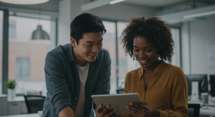 Happy diverse coworkers collaborating on a tablet in modern office, smiling and sharing ideas for a successful project, teamwork and innovation