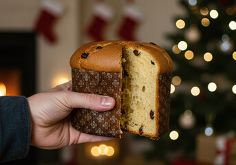 Delicious panettone in hand during festive Christmas season with glowing tree lights creates a warm holiday mood, perfect for seasonal promotions
