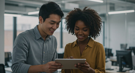 Dynamic diverse team collaborating on a tablet in a modern office, smiling with optimism for future success and innovation in the workplace