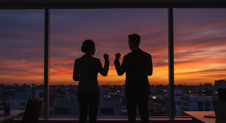 Victorious business team celebrating success with fists raised against stunning sunset city skyline view from modern high rise office window