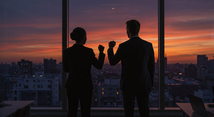 Victorious business team celebrating success together in a modern office with a stunning cityscape view at sunset, embodying ambition and achievement