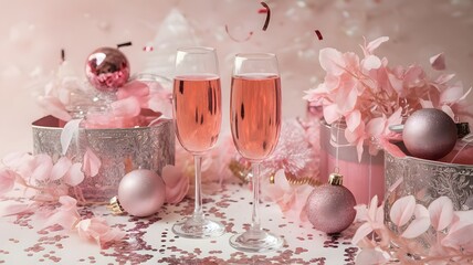 Glamorous Pink Celebration Toast Elegant glasses of sparkling rosé champagne surrounded by festive decorations, perfect for romantic anniversaries, luxurious parties, or New Year's Eve festivities