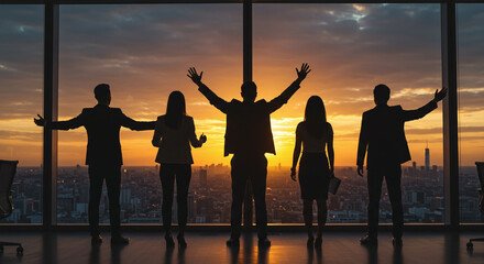 Dynamic business team celebrating success against stunning sunset city view, symbolizing achievement, teamwork, and future vision in a modern office space