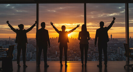 Dynamic team celebrating achievements, backlit by a stunning sunset over the city skyline, representing success, ambition, and a bright future for the company