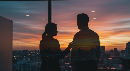 Asian business colleagues looking at sunset city skyline from office window, discussing strategy and future opportunities in modern workplace