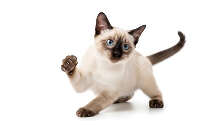 Playful Siamese Kitten Ready to Pounce on White Background.