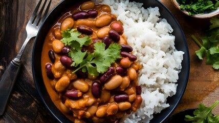 Delicious Bowl of Beans and Rice Garnished with Fresh Cilantro A Savory Meal