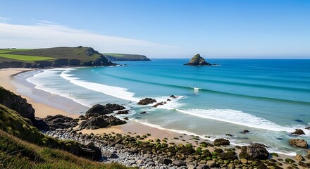 Scenic Cornish Coastline - Waves Crashing on Sandy Beach.
