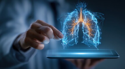 Medical professional using technology to study lungs with digital visualization in a modern healthcare setting