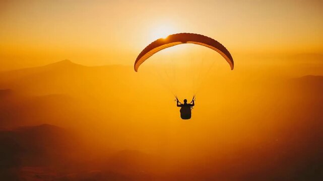 Paraglider soaring into the sunset in a golden sky above mountains