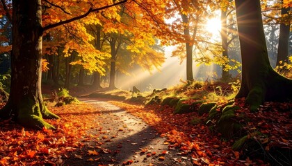 Obraz premium A sun-drenched forest path in autumn, with golden leaves blanketing the ground and sunlight streaming through the trees