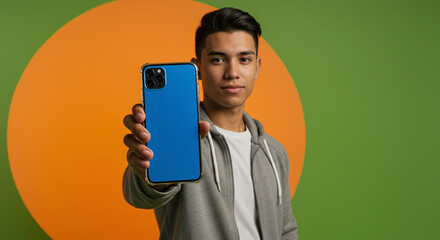 Modern young man presenting sleek blue smartphone with bright background, perfect for tech reviews, app promotions, or mobile service ads, modern communication