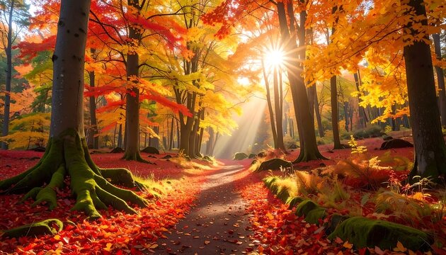A sun-drenched forest path winding through trees in brilliant fall foliage. Rays of light shine through the canopy illuminating red leaves - Powered by Adobe