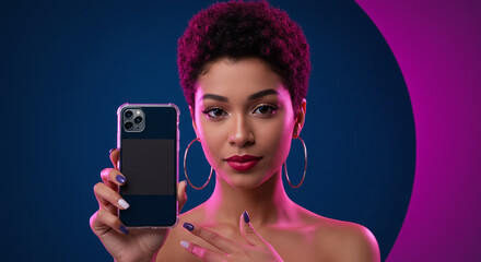 Stunning woman with trendy style holding smartphone, showcasing modern technology and vibrant energy for youth lifestyle brands and mobile marketing campaigns