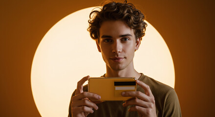 Handsome man showcasing new phone with credit card wallet in warm studio light for mobile banking apps or stylish tech ads