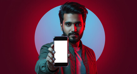 Stylish man presents new phone technology with blank screen for your app, modern design, vibrant colors, perfect for social media marketing and advertising