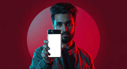 Modern man showcasing blank smartphone screen against vibrant red backdrop, ideal for app promotion or engaging mobile content marketing campaigns.