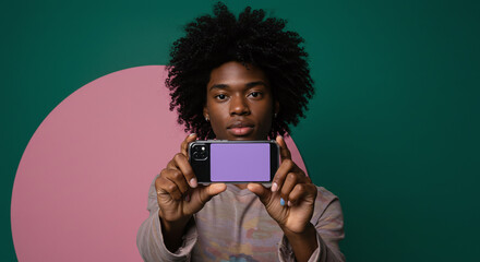 Stylish young adult showcasing a sleek smartphone with purple screen in a modern, vibrant setting for technology and lifestyle concepts