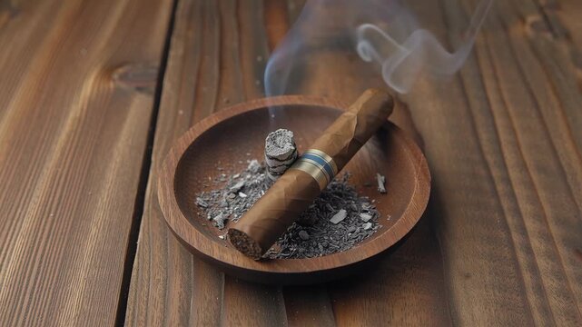 Brown cigar burning in wooden ashtray with smoke on wooden table close-up showing ashes and smoldering end