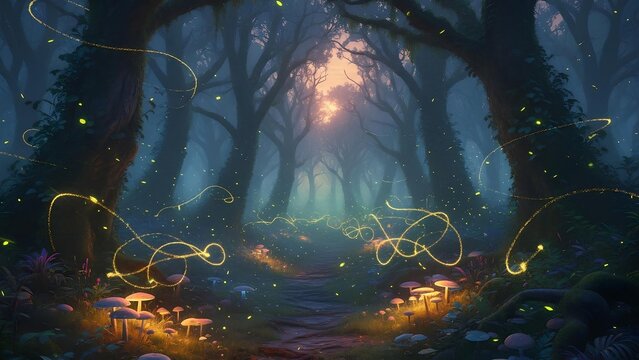 A mystical forest scene unfolds at dusk, bathed in a soft, ethereal light filtering through the dense canopy of ancient, gnarled trees.