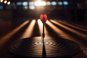 A single red dart hits the exact center of a dartboard, representing the concept of achieving a business goal or target
