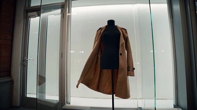 Mannequin wearing brown coat standing in store window with glass doors indoor scene of fashion display with empty black torso