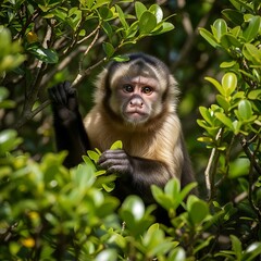 Capuchin Monkey Stares Intently from Lush Green Foliage.