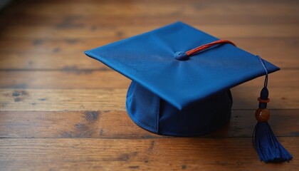 Blue graduation cap with tassel rests on wooden table. Symbol of academic achievement, higher education, and scholastic success. Finality of studies. Future.