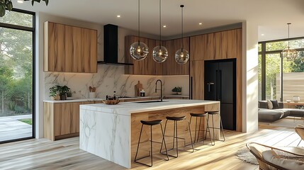 Modern Kitchen Interior Design Marble Countertops, Wooden Cabinets, Black Appliances, Island with Stools, Open Living Space