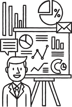 Cartoon vector illustration of a hand-drawn business man icon set with music art symbols.