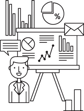 The vector illustration set depicts a businessman sketching a financial data graph and chart, creating a business infographic design.