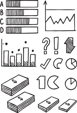 Hand-drawn sketch vector set of business icons and graphs with arrow and pie charts for web design and finance illustration.
