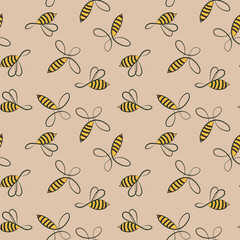 Seamless pattern with bees. Small wasp. Vector illustration. Design for invitation, cards, textile, fabric. Doodle style.